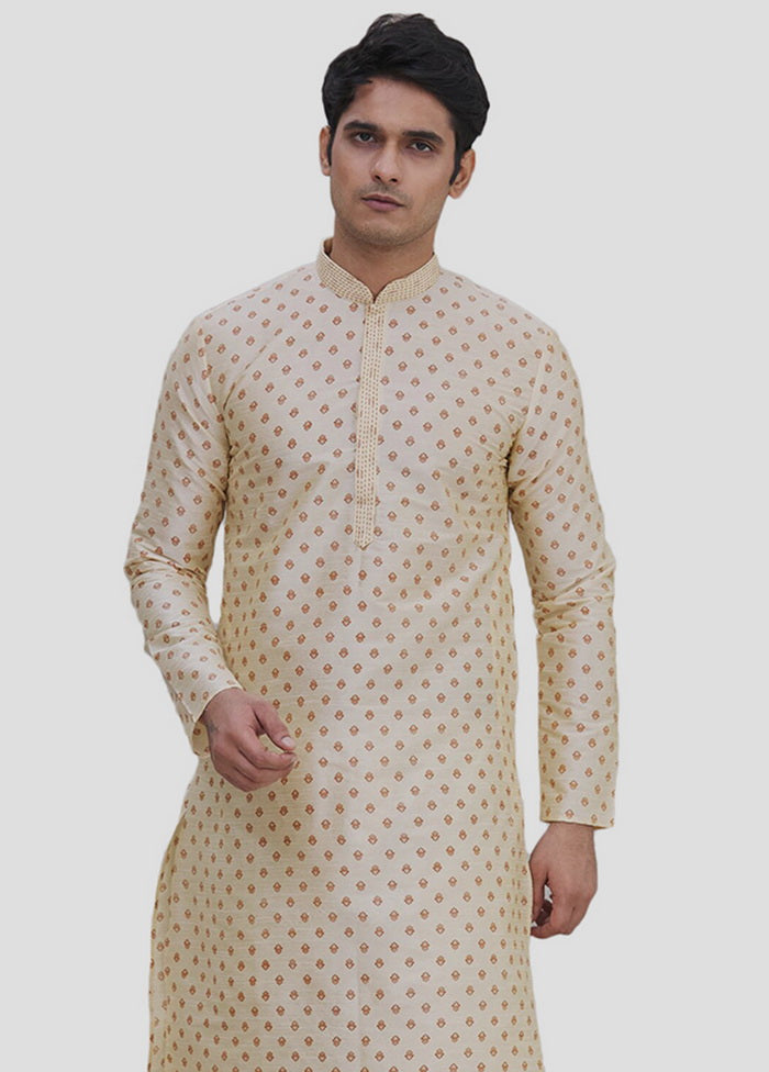 2 Pc Beige Cotton Kurta And Pajama Set