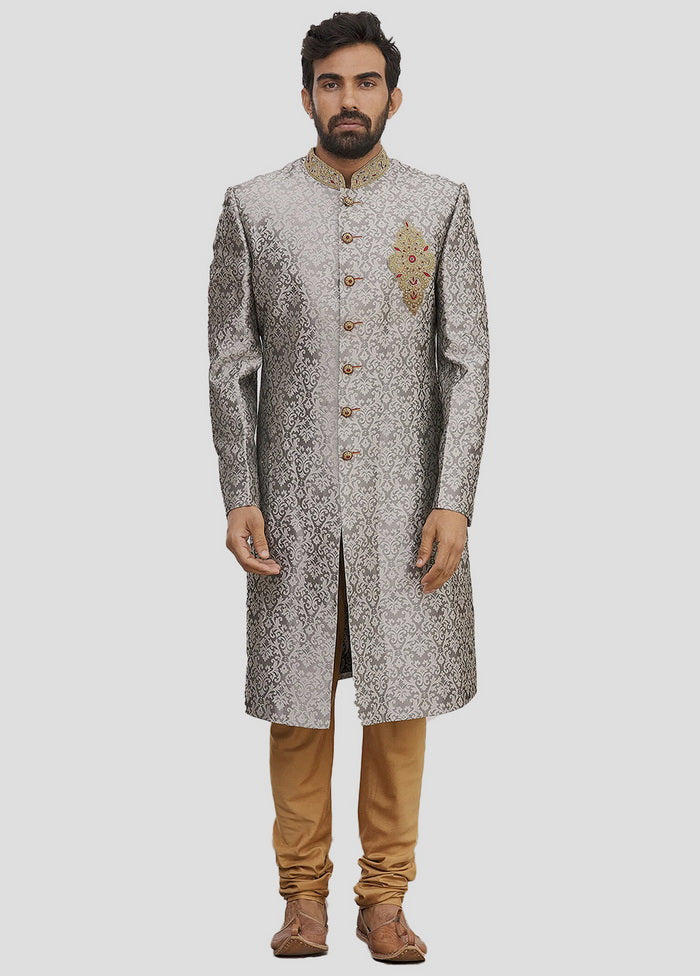 2 Pc Grey Dupion Silk Sherwani And Pant Set