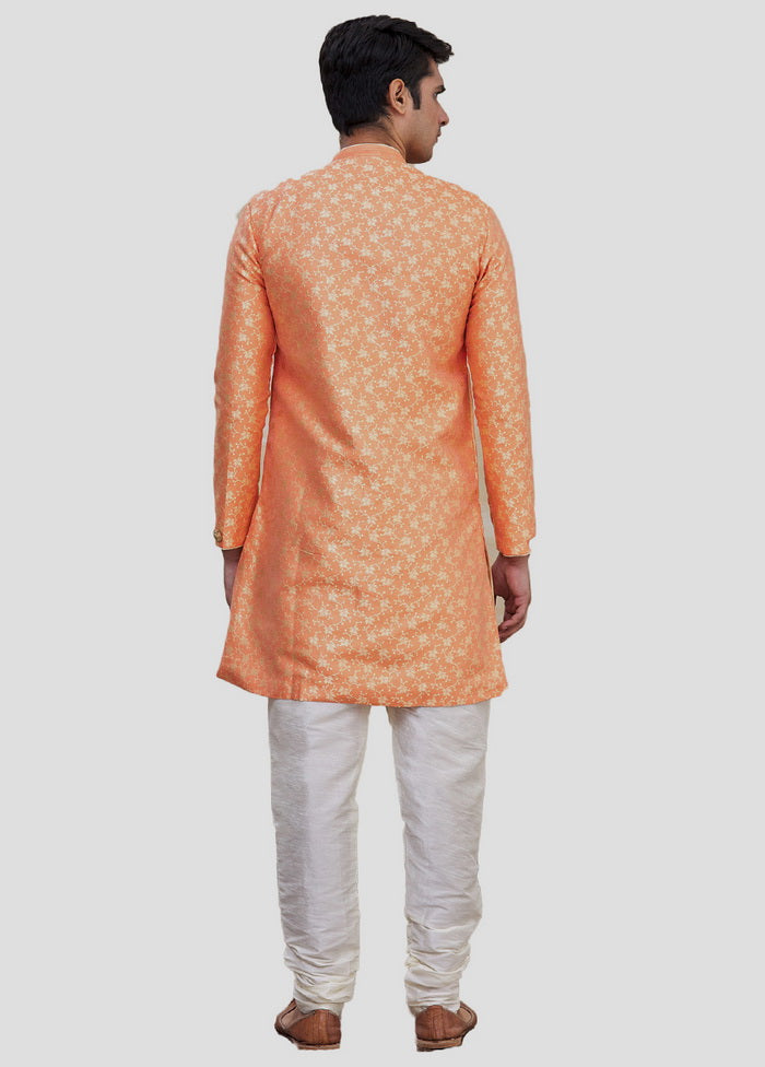 2 Pc Orange Dupion Silk Sherwani And Pant Set