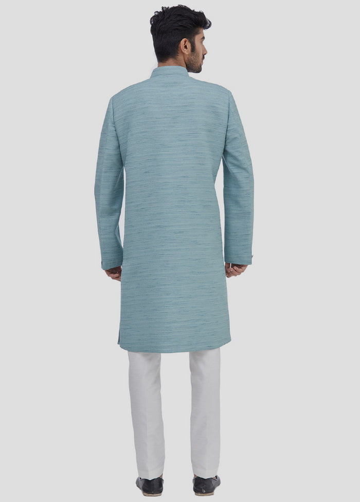 2 Pc Light Blue Dupion Silk Sherwani And Pant Set
