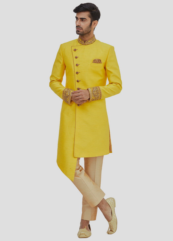 2 Pc Yellow Dupion Silk Sherwani And Pant Set