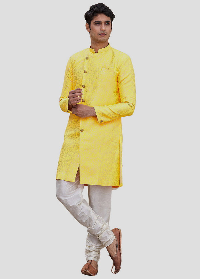 2 Pc Yellow Dupion Silk Sherwani And Pant Set