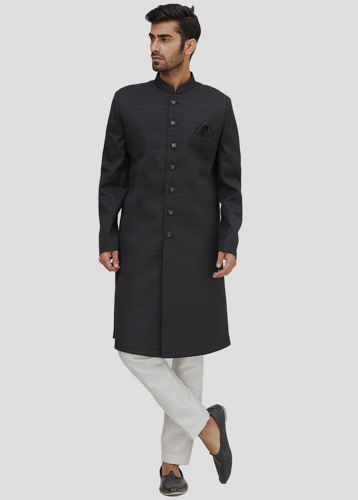 2 Pc Black Dupion Silk Sherwani And Pant Set