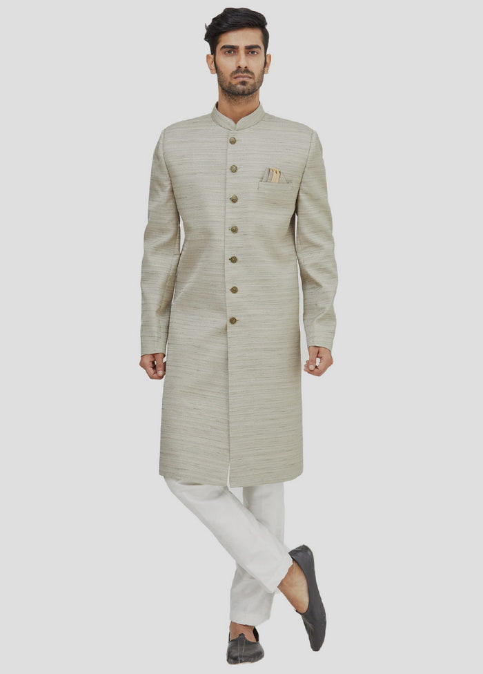 2 Pc Beige Dupion Silk Sherwani And Pant Set