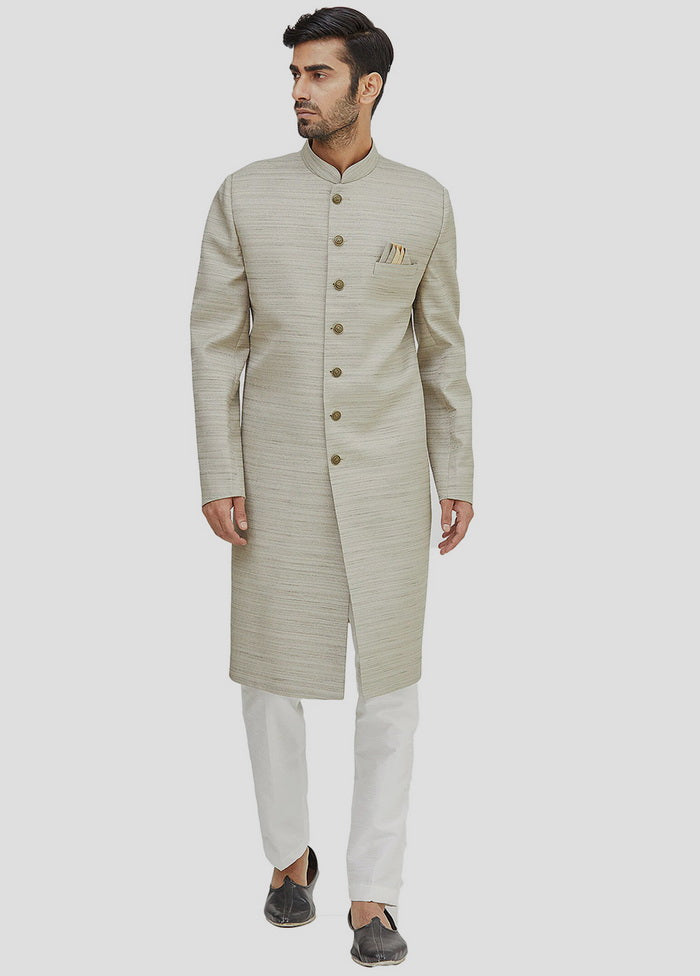 2 Pc Beige Dupion Silk Sherwani And Pant Set