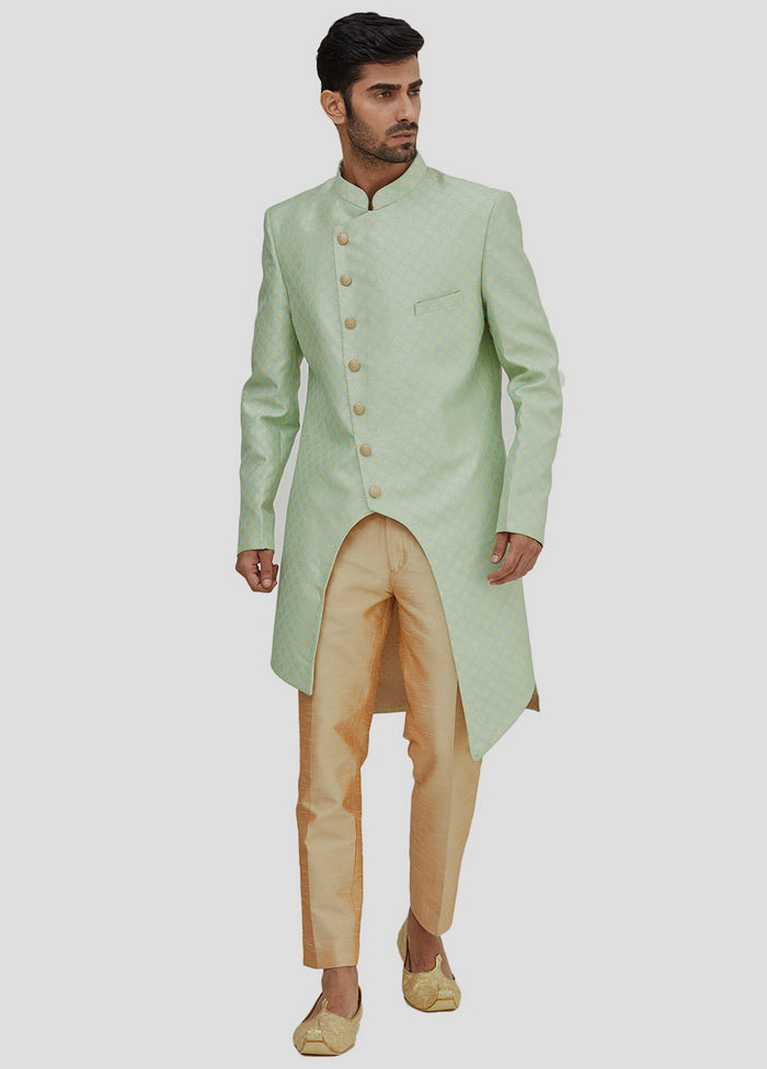 2 Pc Pista Green Dupion Silk Sherwani And Pant Set
