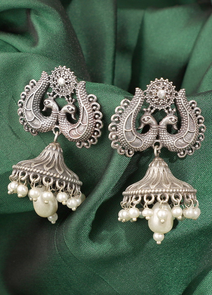 Peacock Jhumka Silver Toned Earrings