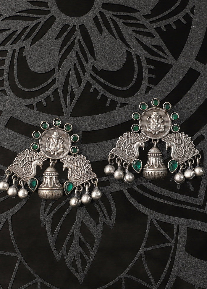 Green Stone Lord GaneshaLord Silver Toned Earrings