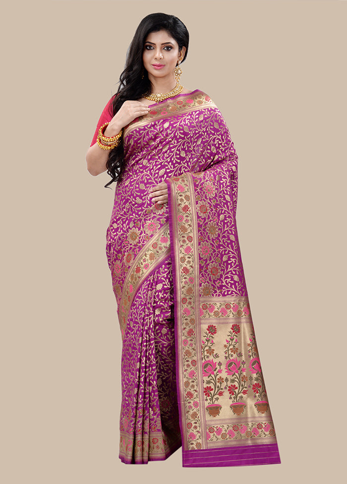 Magenta Spun Silk Saree With Blouse Piece