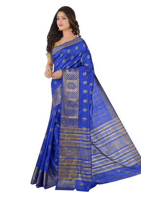 Blue Spun Silk Saree With Blouse Piece