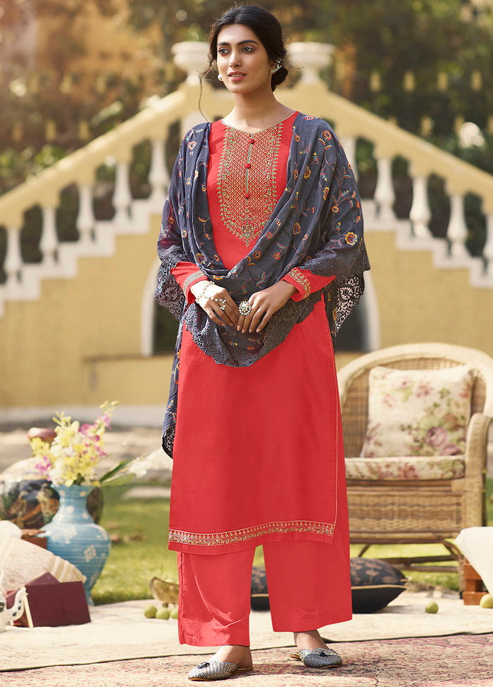 3 Pc Tussar Silk Coral Unstitched Salwar Suit