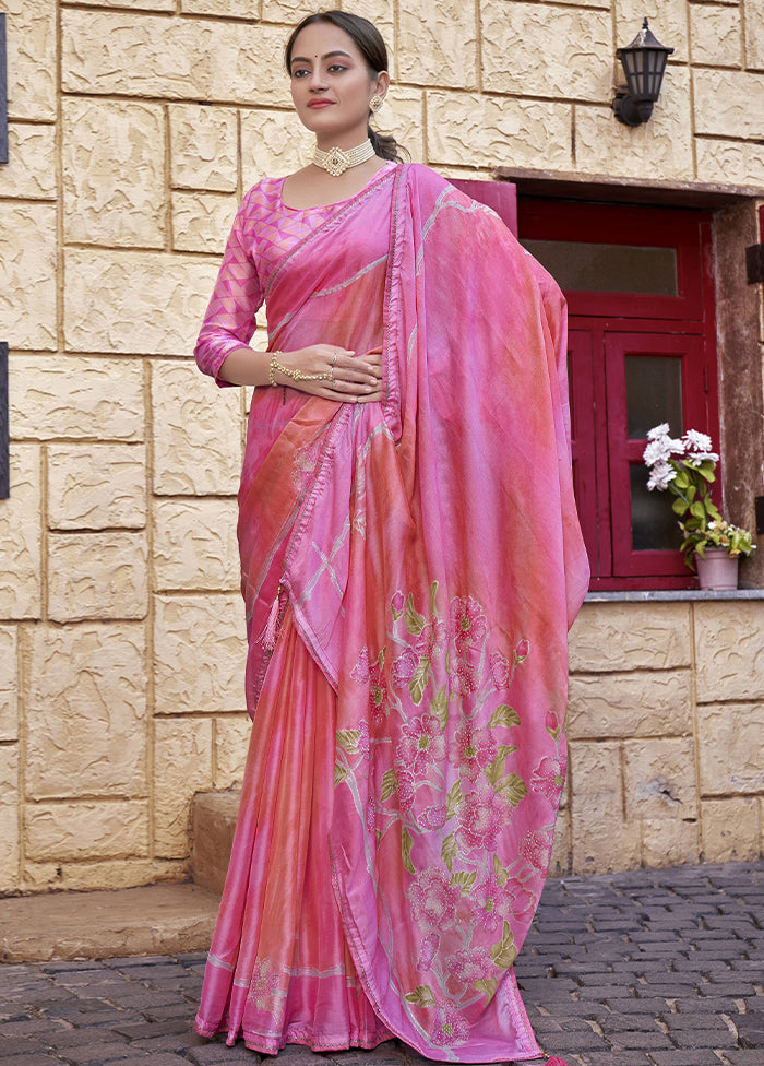 Pink Chiffon Saree With Blouse Piece