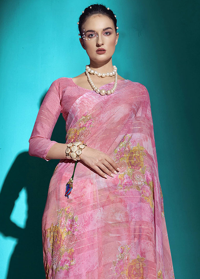 Pink Chiffon Saree With Blouse Piece