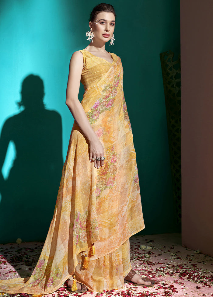 Yellow Chiffon Saree With Blouse Piece