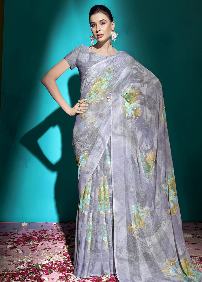 Grey Chiffon Saree With Blouse Piece