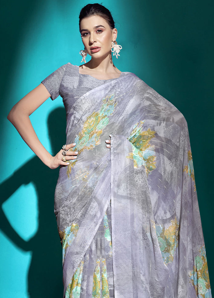 Grey Chiffon Saree With Blouse Piece