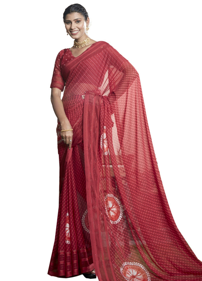 Red Chiffon Saree With Blouse Piece