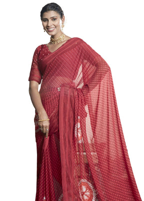 Red Chiffon Saree With Blouse Piece