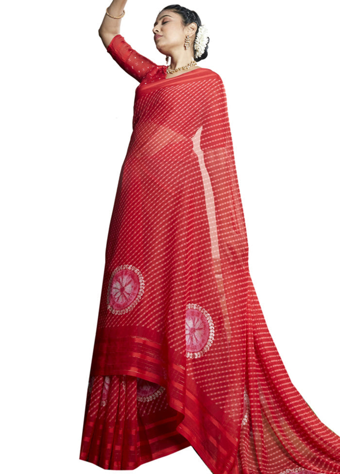 Red Chiffon Saree With Blouse Piece