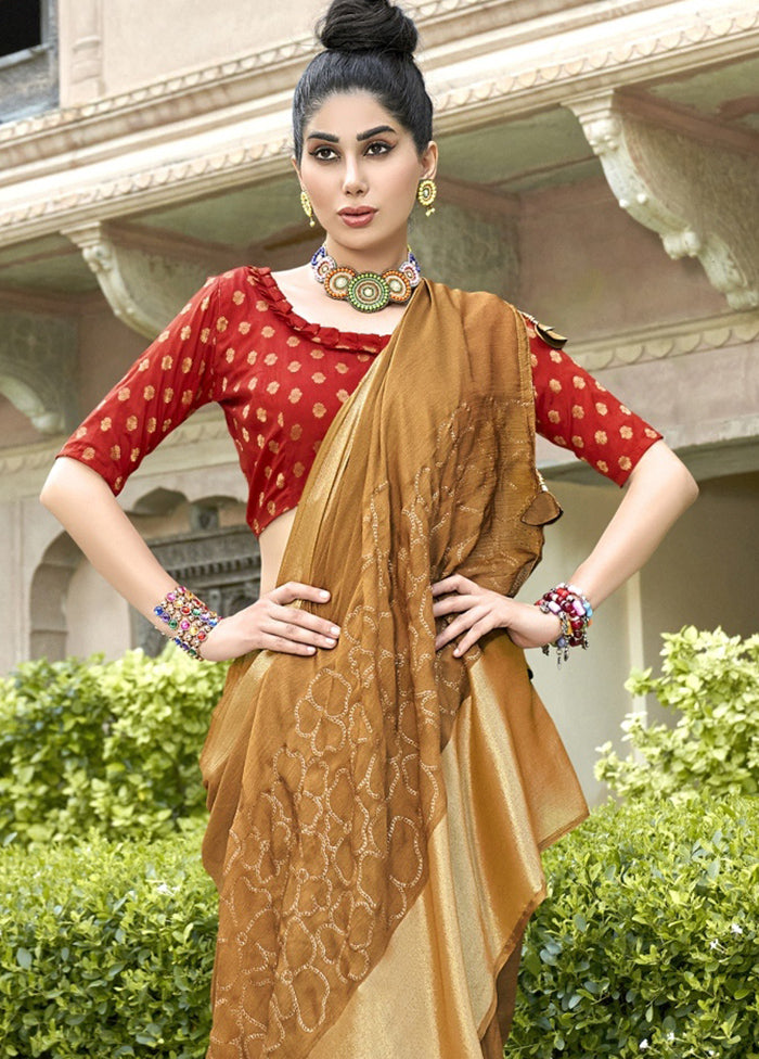 Brown Spun Silk Saree With Blouse Piece