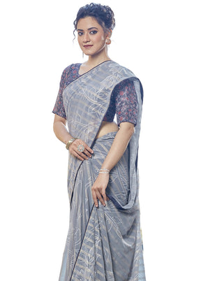 Grey Georgette Saree With Blouse Piece