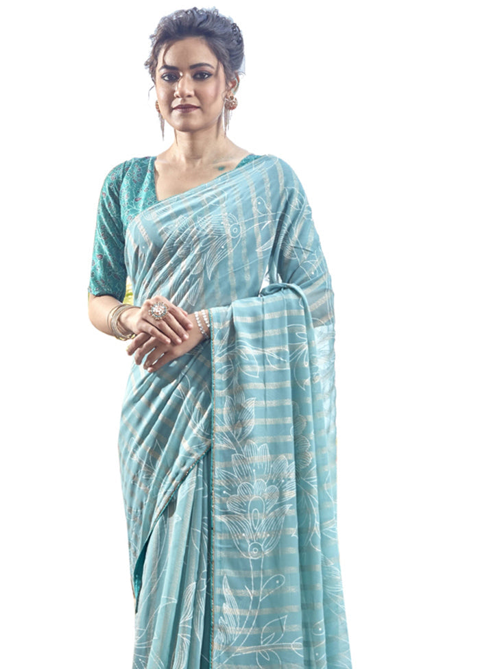 Blue Georgette Saree With Blouse Piece