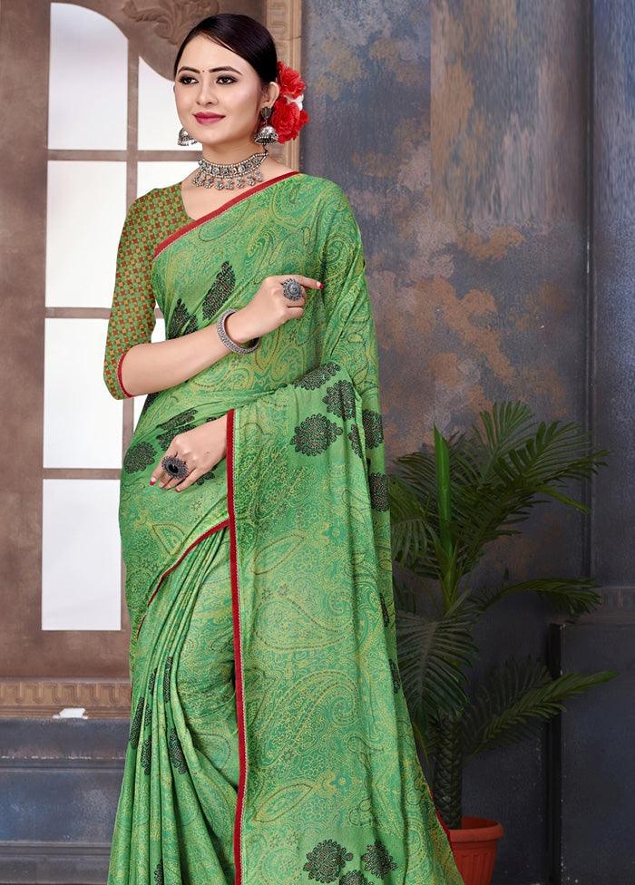 Green Chiffon Saree With Blouse Piece