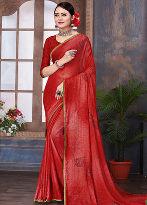 Red Chiffon Saree With Blouse Piece