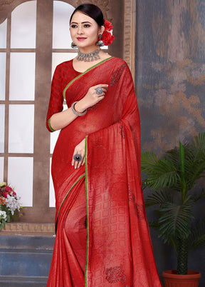 Red Chiffon Saree With Blouse Piece