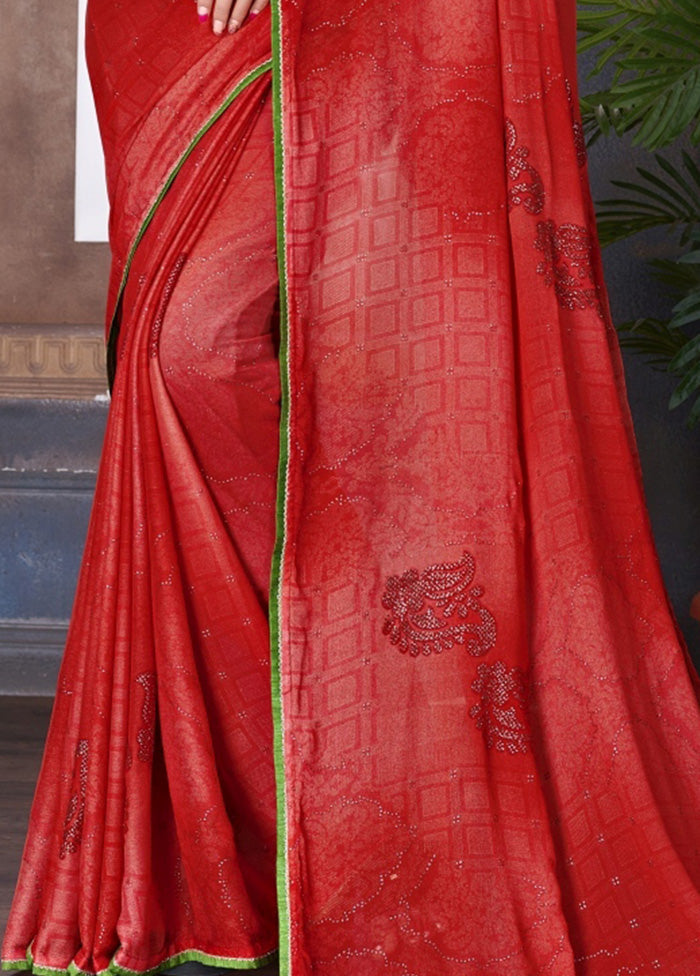 Red Chiffon Saree With Blouse Piece