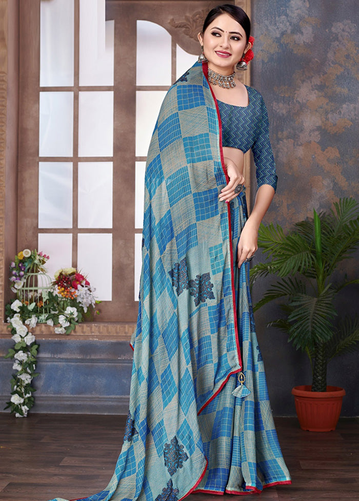 Blue Chiffon Saree With Blouse Piece