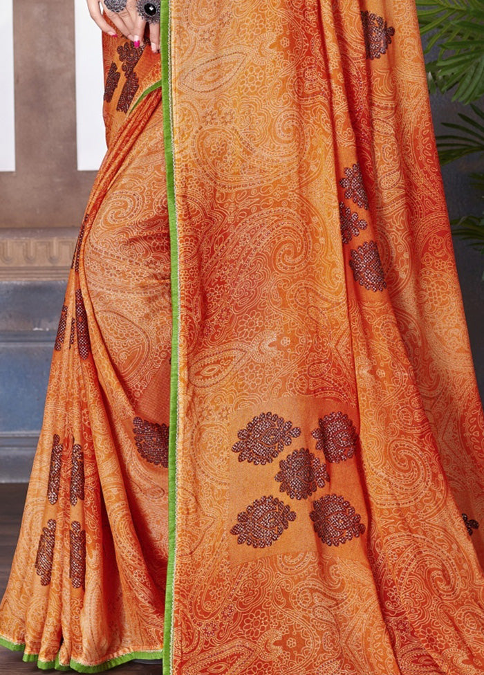 Orange Chiffon Saree With Blouse Piece