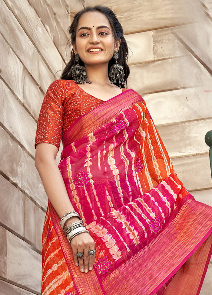 Pink Organza Embroidered Saree With Blouse Piece