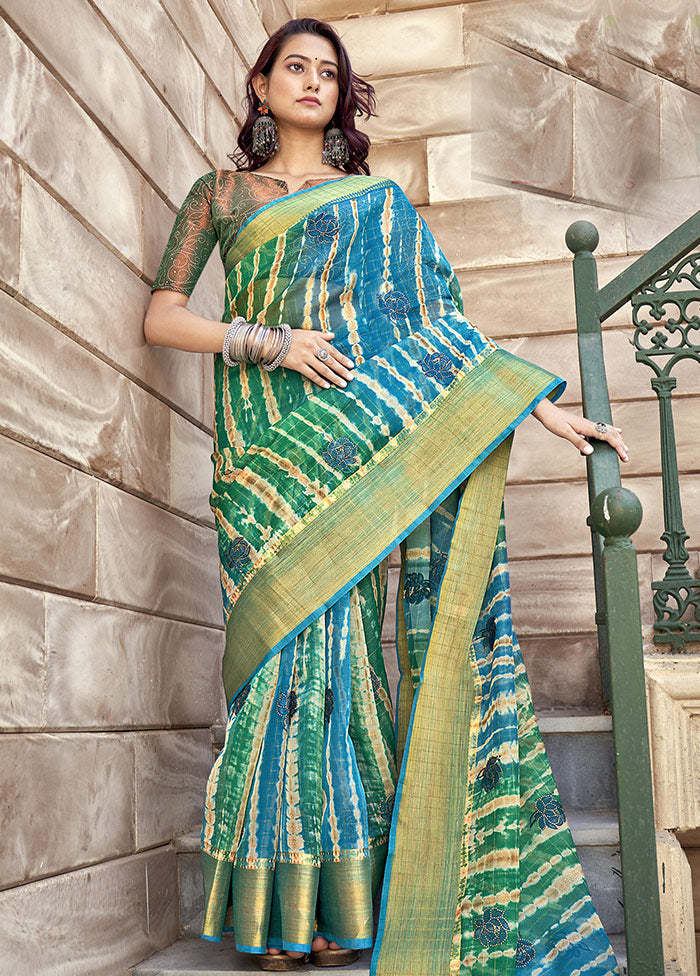 Turquoise Organza Embroidered Saree With Blouse Piece