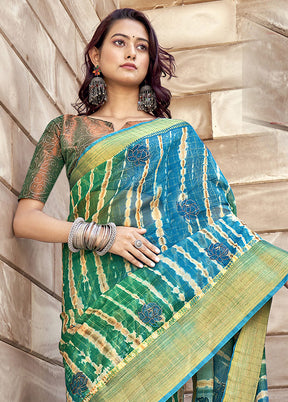 Turquoise Organza Embroidered Saree With Blouse Piece