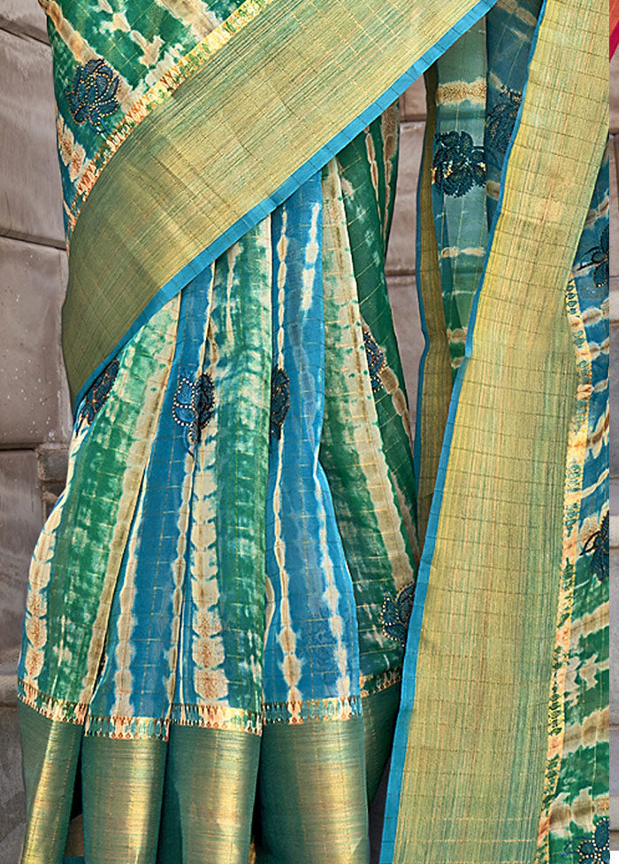 Turquoise Organza Embroidered Saree With Blouse Piece