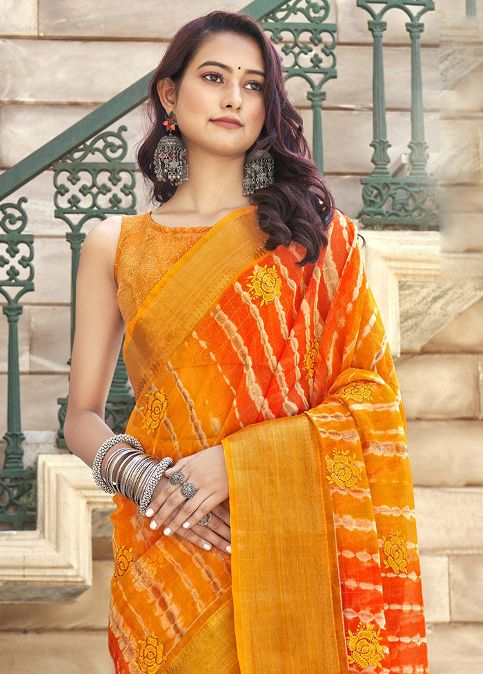 Yellow Organza Embroidered Saree With Blouse Piece