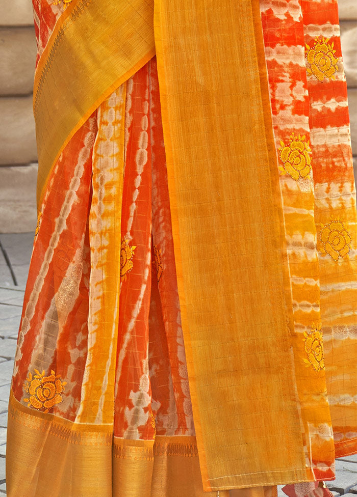 Yellow Organza Embroidered Saree With Blouse Piece