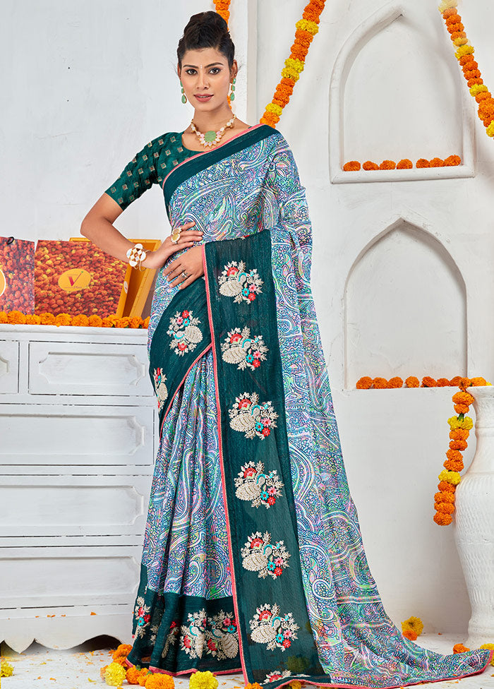 Multicolor Spun Silk Embroidered Saree With Blouse Piece