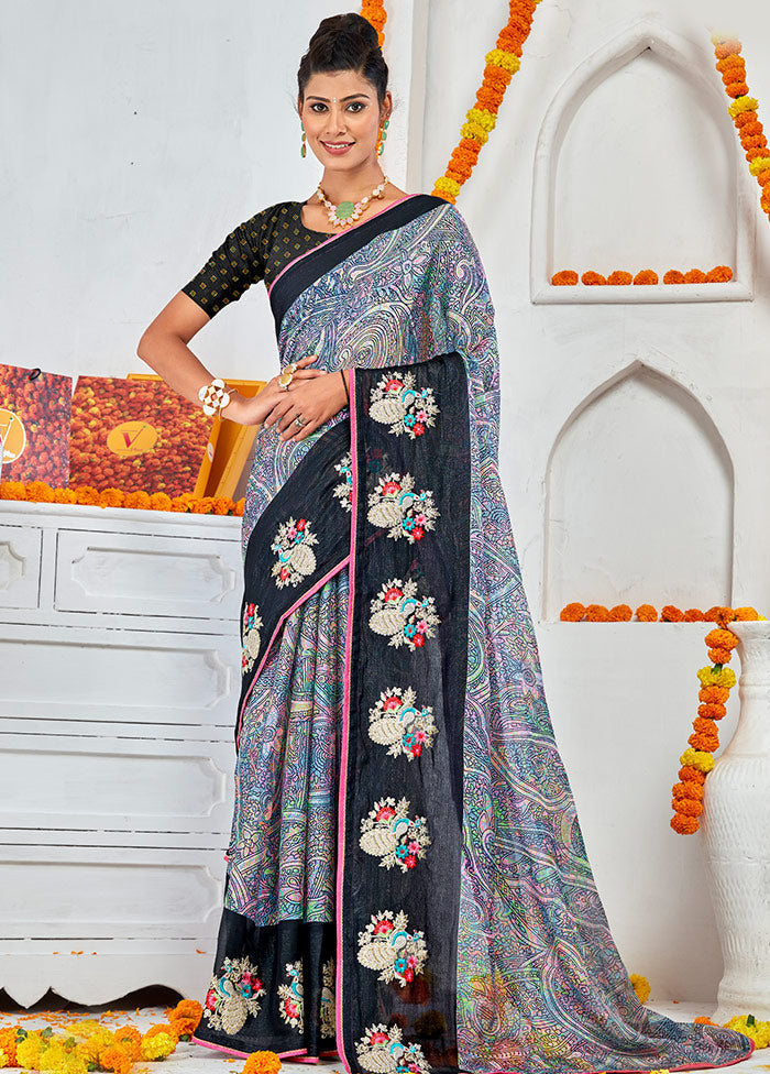 Multicolor Spun Silk Embroidered Saree With Blouse Piece