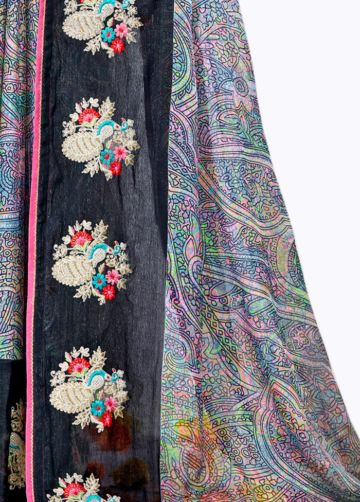 Multicolor Spun Silk Embroidered Saree With Blouse Piece