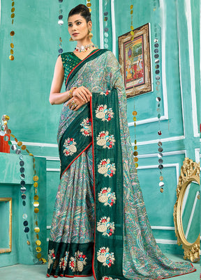 Green Spun Silk Embroidered Saree With Blouse Piece