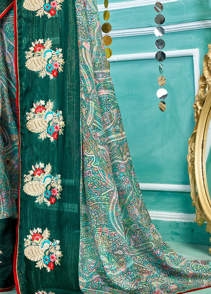 Green Spun Silk Embroidered Saree With Blouse Piece