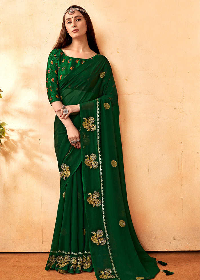 Dark Green Georgette Embellished Saree With Blouse Piece