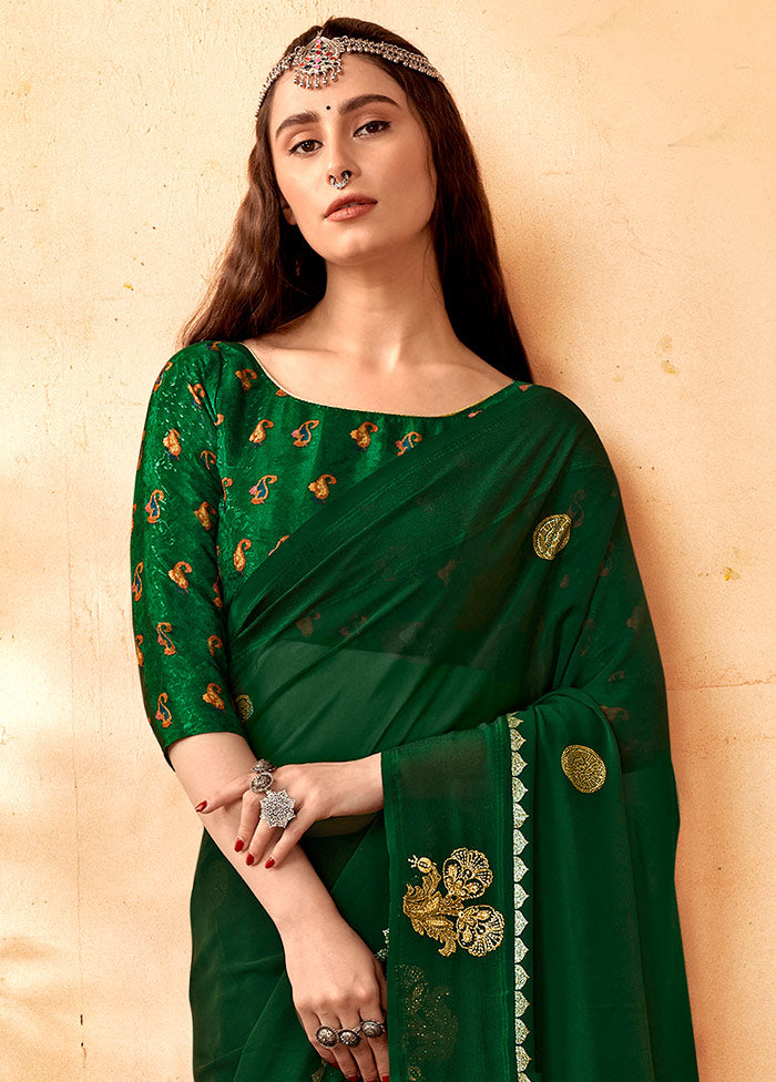 Dark Green Georgette Embellished Saree With Blouse Piece