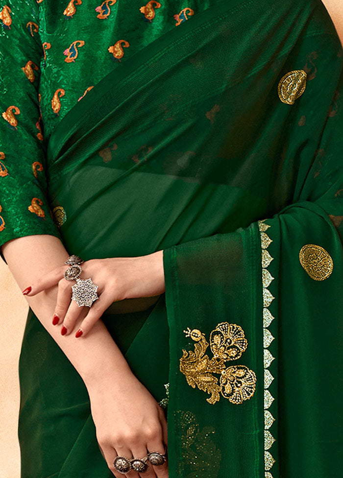 Dark Green Georgette Embellished Saree With Blouse Piece