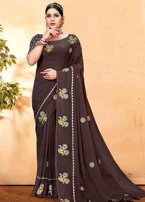 Brown Georgette Embellished Saree With Blouse Piece