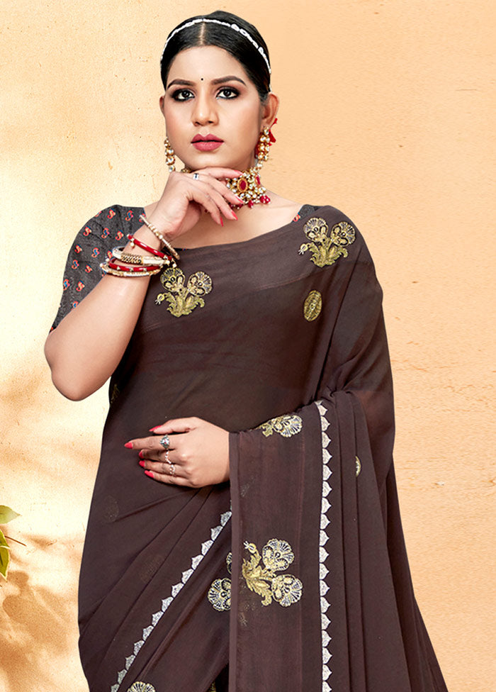 Brown Georgette Embellished Saree With Blouse Piece