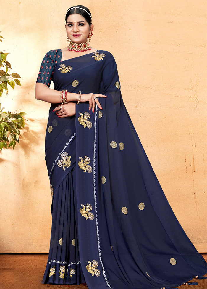 Dark Blue Georgette Embellished Saree With Blouse Piece