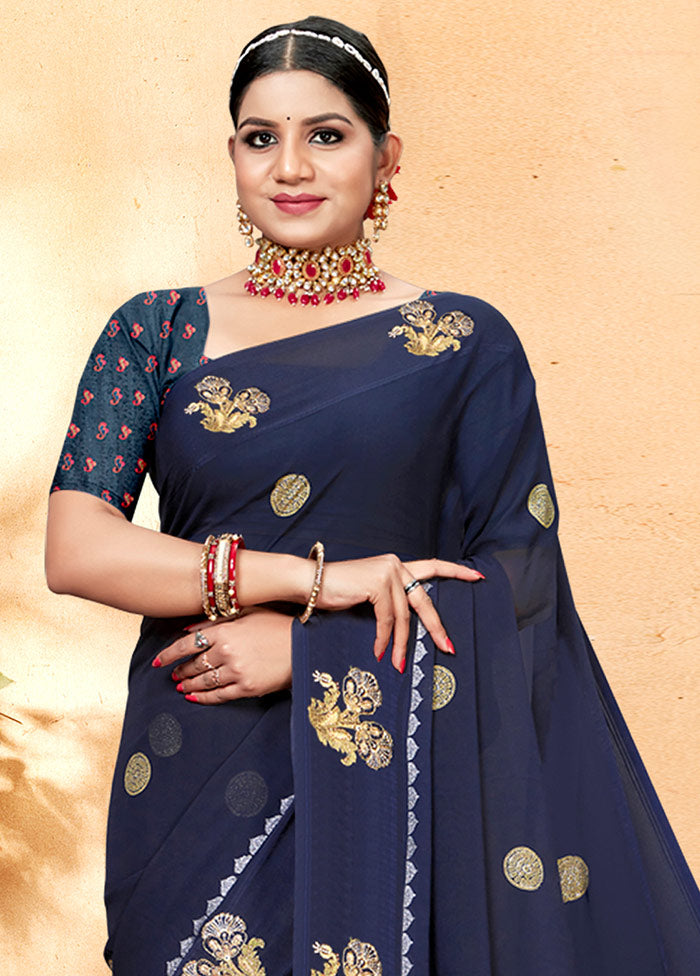 Dark Blue Georgette Embellished Saree With Blouse Piece